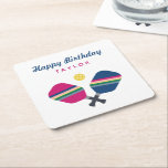 Pickleball Party Personalized Name Custom Square Paper Coaster<br><div class="desc">Celebrate your pickleball player or fan with these fun and vibrant party coasters featuring striped blue,  green and pink pickleball paddles. Text is customizable. Happy Birthday message is also customizable. Part of a collection from Parcel Studios.</div>