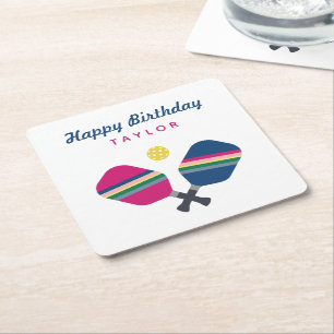 Pickleball Party Personalized Name Custom Square Paper Coaster