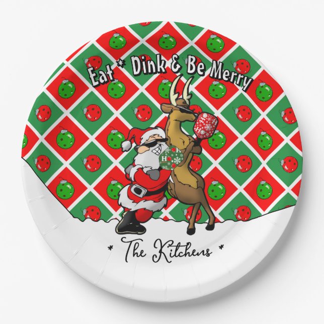 Pickleball Party Santa Christmas Cool and Classy Paper Plates (Front)