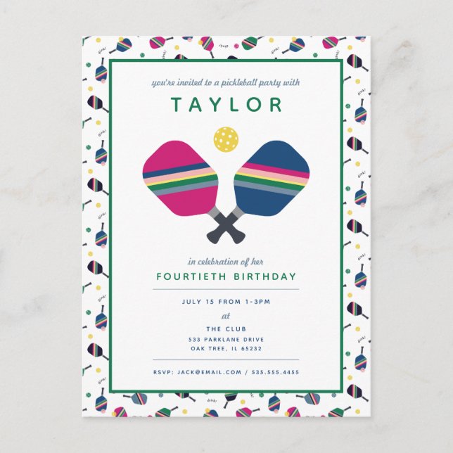 Pickleball Party Sports Blue Green Invitation Post Postcard (Front)