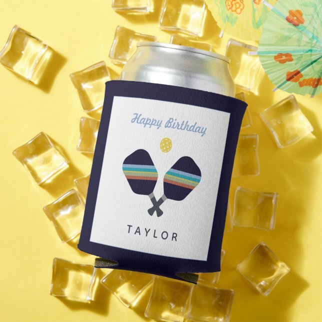 Pickleball Party Sports Dark Blue Striped Paddles  Can Cooler (In Situ Summer)