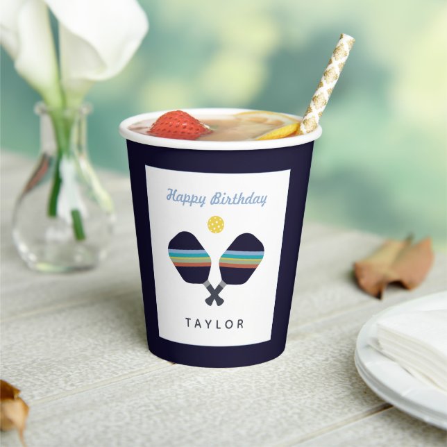Pickleball Party Sports Dark Blue Striped Paddles  Paper Cups (Insitu)