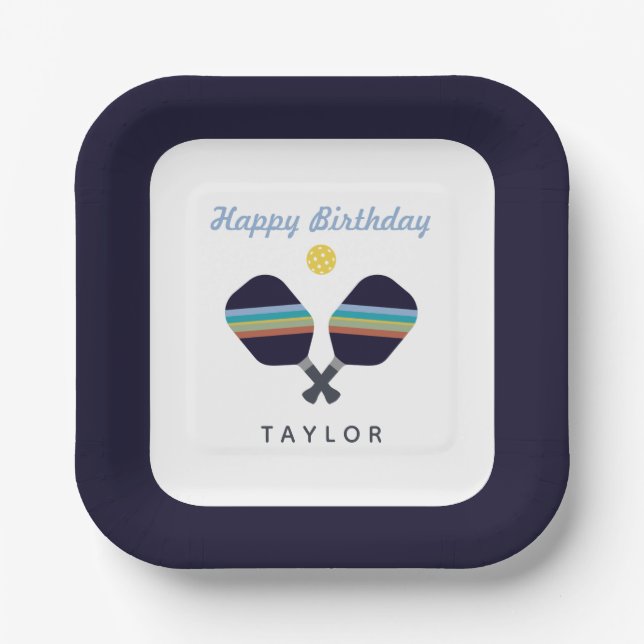 Pickleball Party Sports Dark Blue Striped Paddles  Paper Plates (Front)