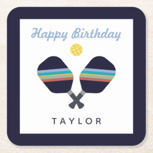 Pickleball Party Sports Dark Blue Striped Paddles Square Paper Coaster