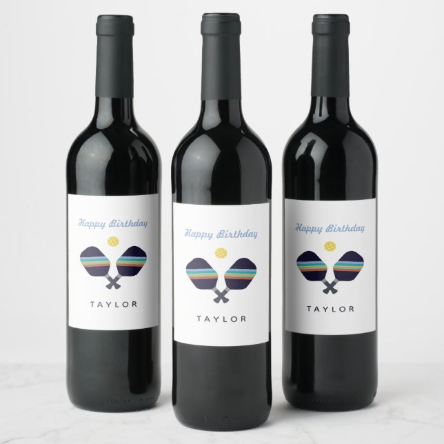 Pickleball Party Sports Dark Blue Striped Paddles  Wine Label (Bottles)