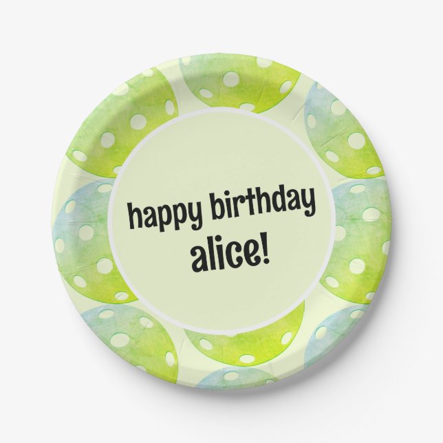 Pickleball Party Sports Green Custom Name Paper Plates (Front)