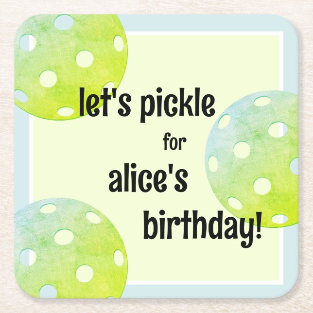 Pickleball Party Sports Green Custom Square Paper Coaster (Front)