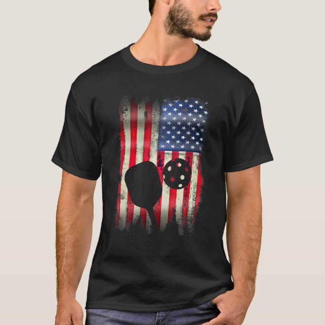 Pickleball Patriotic USA American Flag 4th of July T-Shirt (Front)