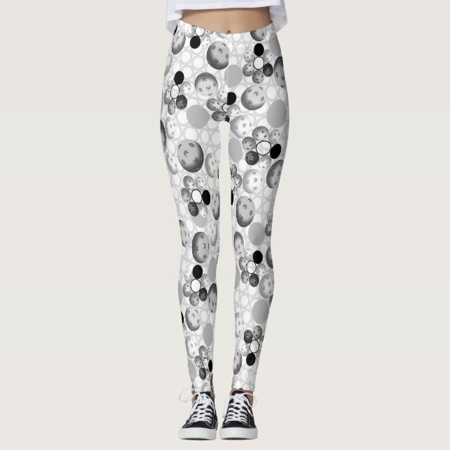 Pickleball Pattern, Black, White and Gray Leggings (Front)