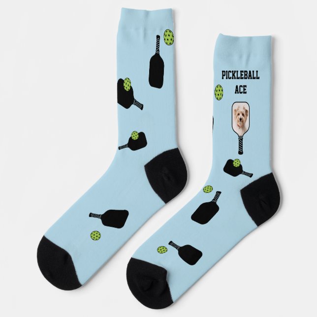 Pickleball Pattern Pet Photo Blue Personalized Socks (Left)