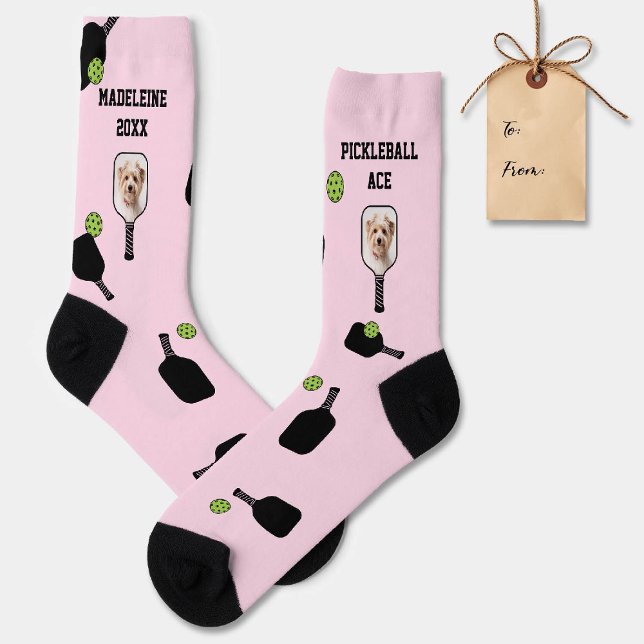 Pickleball Pattern Pet Photo Pink Personalized Socks (pickleball gift personalized socks paddles ball name text modern pink black pet photo)