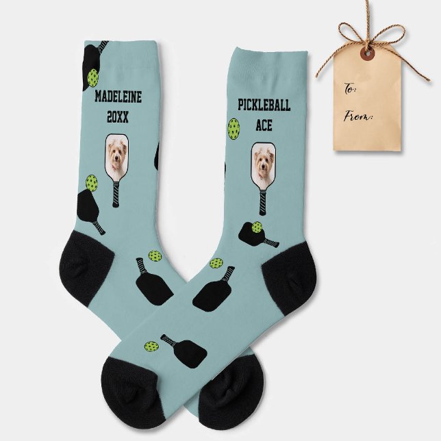 Pickleball Pattern Pet Photo Teal Personalized Socks (pickleball gift personalized socks paddles ball name text modern teal black pet photo)