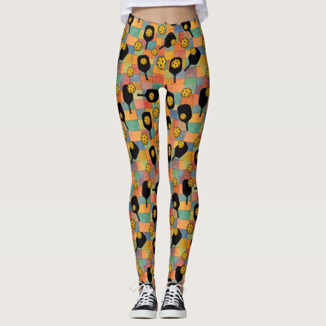 Pickleball Paul Klee Style Paddle Pattern Leggings (Front)