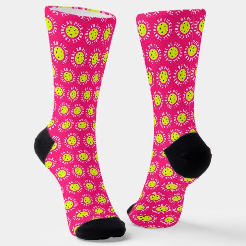 Pickleball Personalized Fashion Hot Pink Yellow Socks