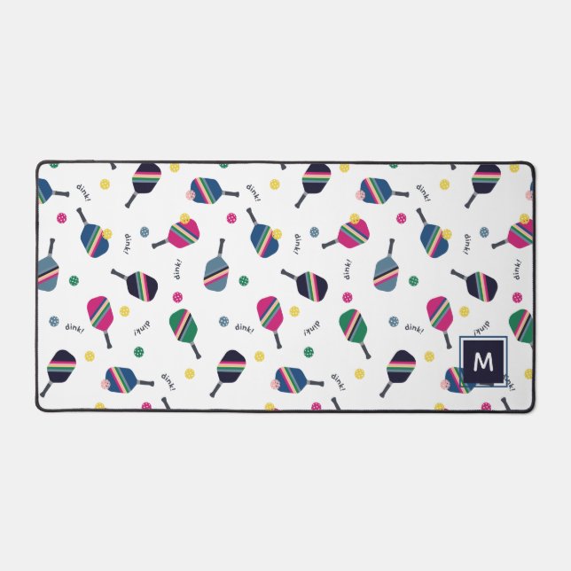 Pickleball Personalized Monogram Blue Green Pink Desk Mat (Front)