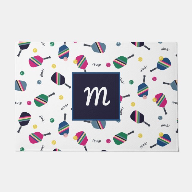 Pickleball Personalized Monogram Blue Green Pink Doormat (Front)