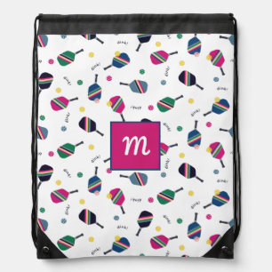 Pickleball Personalized Monogram Blue Green Pink Drawstring Bag