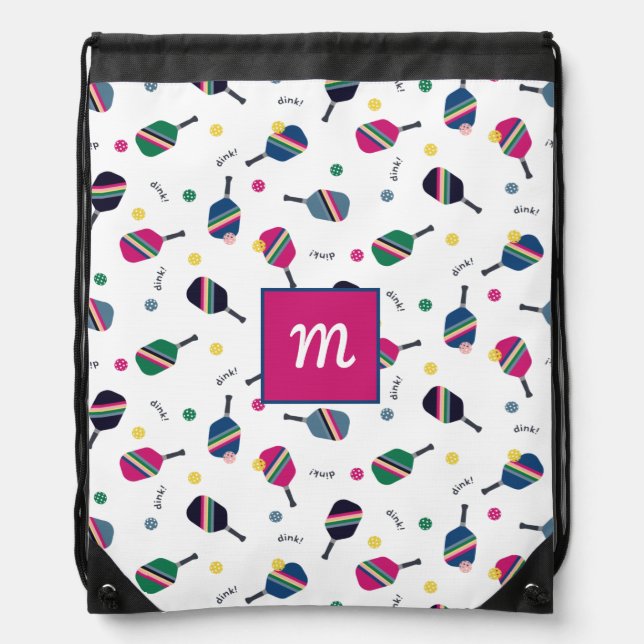 Pickleball Personalized Monogram Blue Green Pink Drawstring Bag (Front)