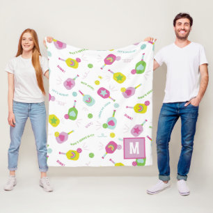 Pickleball Personalized Monogram Blue Green Pink Fleece Blanket