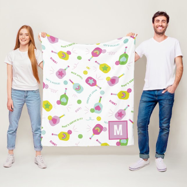 Pickleball Personalized Monogram Blue Green Pink Fleece Blanket (In Situ)