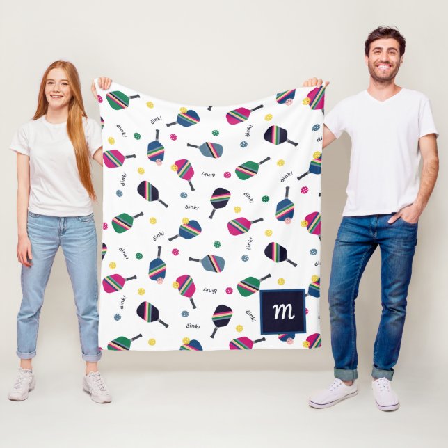 Pickleball Personalized Monogram Blue Green Pink Fleece Blanket (In Situ)