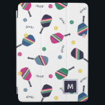 Pickleball Personalized Monogram Blue Green Pink iPad Air Cover<br><div class="desc">This personalized,  monogrammed iPad cover features a vibrant,  fun pattern with striped pickleball paddles,  balls and the word "dink!." In shades of blue,  green,  pink and yellow. Makes a wonderful gift! Part of a collection from Parcel studios.</div>