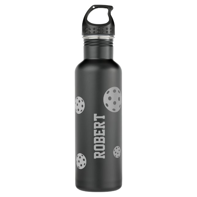 Pickleball Personalized Name Black Gray Stainless Steel Water Bottle (Front)