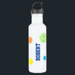 Pickleball Personalized Name Colorful Stainless Steel Water Bottle<br><div class="desc">Personalized colorful white metal custom pickleball water bottle with a simple ball monogram and custom name or text in a retro sports monogram font. Great gift for men,  women,  or youth or teen pickleball player with fun sporty look and modern and minimal design on a useful pickleball themed gift.</div>