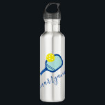 Pickleball Personalized Name on Blue Stainless Steel Water Bottle<br><div class="desc">Personalized custom pickleball water bottle with a blue and teal turquoise pickleball paddle and ball monogram and custom name or text in an elegant modern calligraphy script signature monogram font. Great gift for women and girls youth or teen pickleball player with a sleek and subtle girly feminine look and modern...</div>