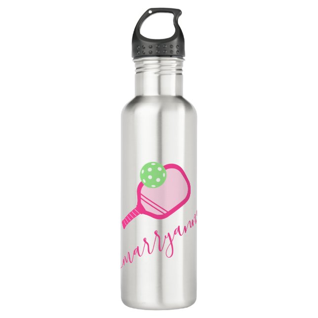 Pickleball Personalized Name Pink Stainless Steel Water Bottle (Front)