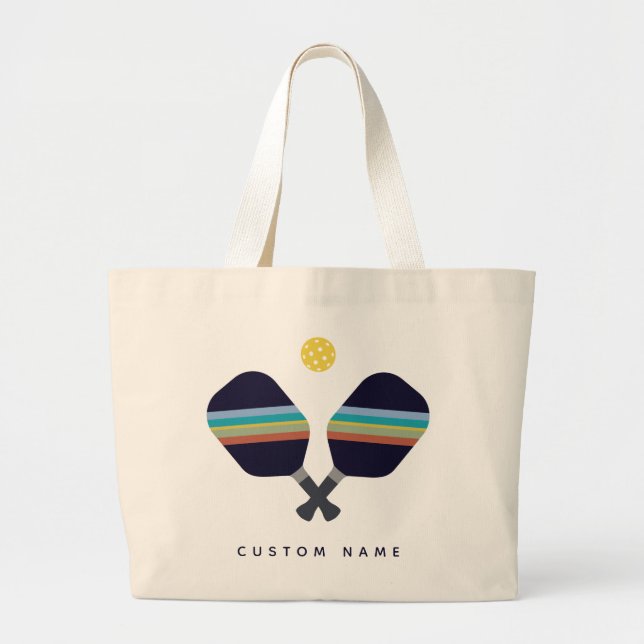 Pickleball Personalized Name Striped Paddles Blue  Large Tote Bag (Front)