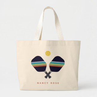 Pickleball Personalized Name Striped Paddles  Large Tote Bag