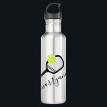 Pickleball Personalized Script Name on Stainless Steel Water Bottle<br><div class="desc">Personalized custom pickleball water bottle with a paddle and ball monogram and custom name or text in an elegant modern calligraphy script signature monogram font. Great gift for women and girls youth or teen pickleball player with a sleek and subtle girly feminine look and modern and minimal design on a...</div>