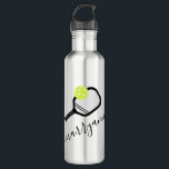 Pickleball Personalized Script Name on Stainless Steel Water Bottle<br><div class="desc">Personalized custom pickleball water bottle with a paddle and ball monogram and custom name or text in an elegant modern calligraphy script signature monogram font. Great gift for women and girls youth or teen pickleball player with a sleek and subtle girly feminine look and modern and minimal design on a...</div>