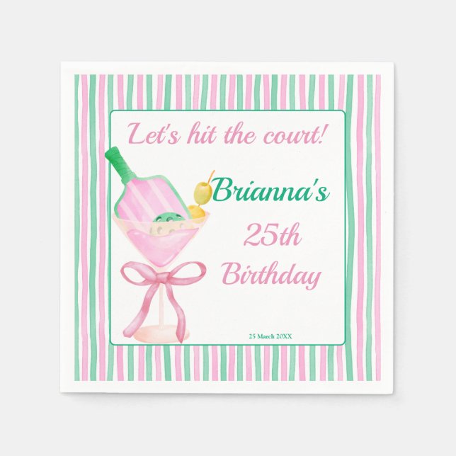 Pickleball pink and green birthday party custom napkins (Front)