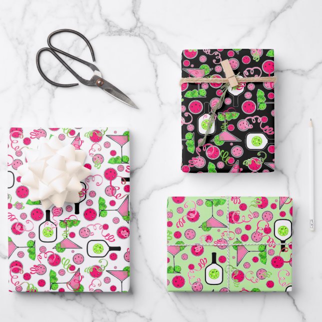  Pickleball Pink Green Dinks & Drinks Celebration Wrapping Paper Sheets (Front)