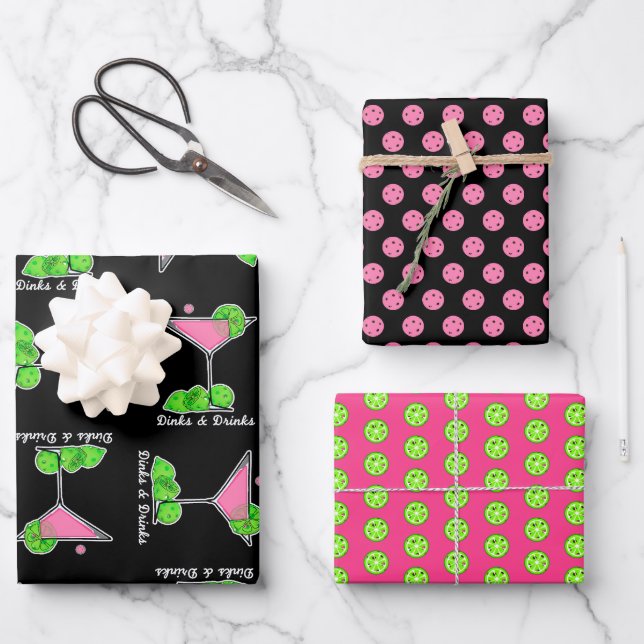  Pickleball Pink Green Dinks & Drinks Cocktails Wrapping Paper Sheets (Front)