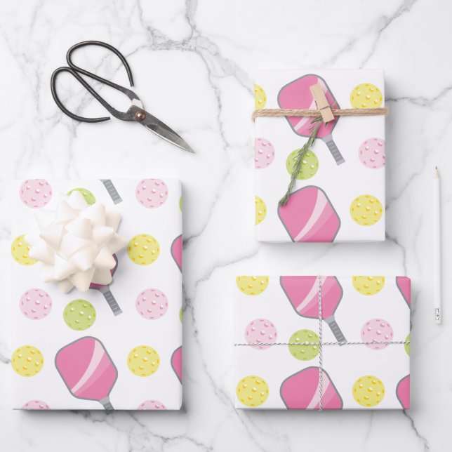 Pickleball Pink Green & Yellow Paddle and Balls Wrapping Paper Sheets (Front)