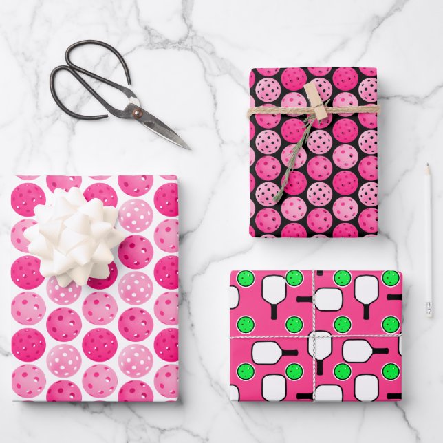 Pickleball Pink White Green Black Pickleball Party Wrapping Paper Sheets (Front)