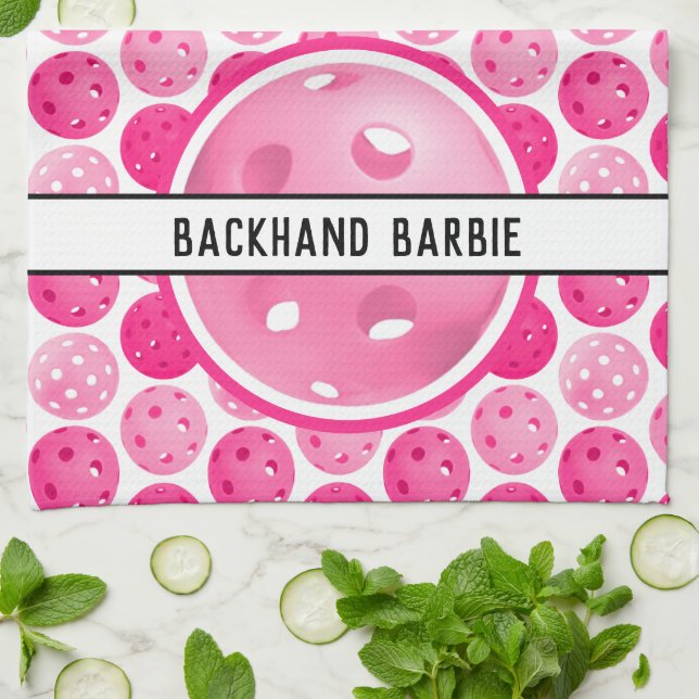 Pickleball Pink & White Pickleballs Personalized  Kitchen Towel (Folded)
