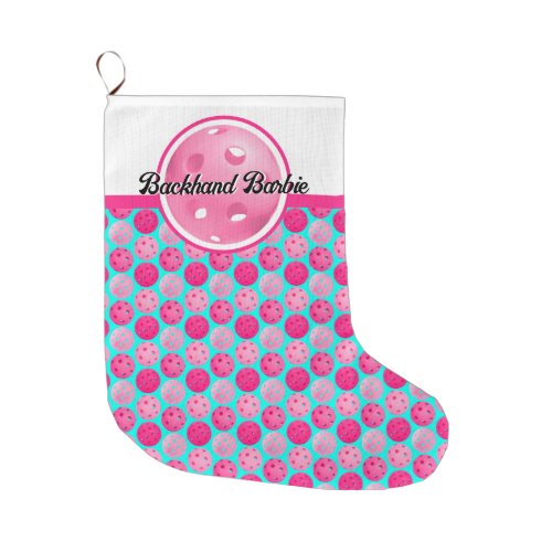 Pickleball Pink  White Pickleballs Personalized  Large Christmas Stocking