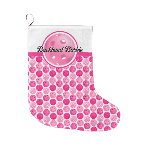 Pickleball Pink  White Pickleballs Personalized  Large Christmas Stocking