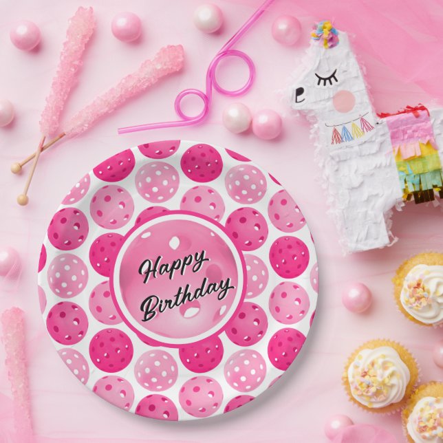 Pickleball Pink & White Pickleballs Personalized  Paper Plates (Party)