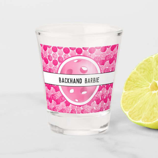 Pickleball Pink & White Pickleballs Personalized  Shot Glass (Front)