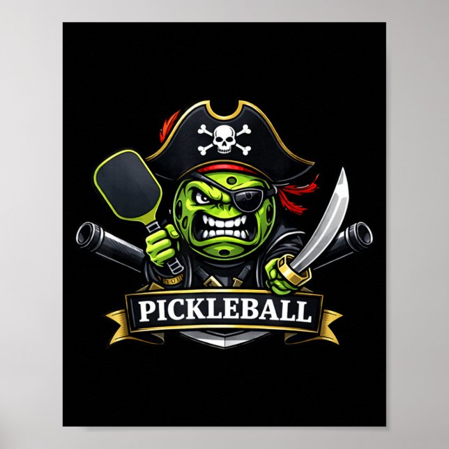 Pickleball pirate skull hat character illustration poster (Front)