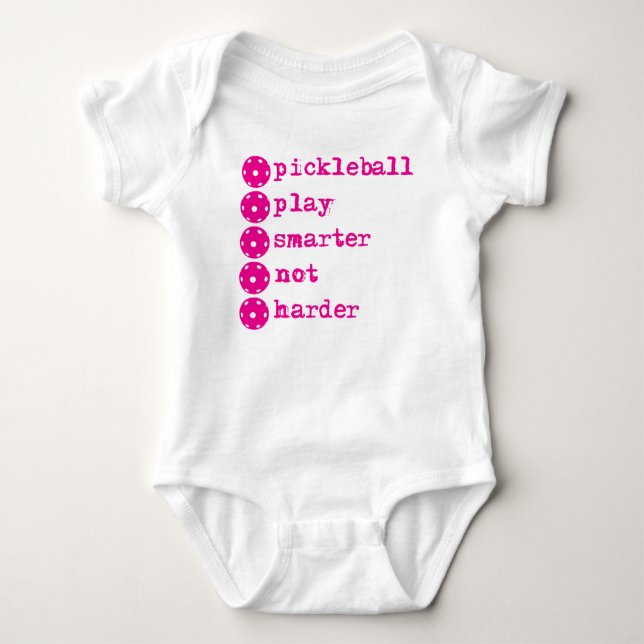 Pickleball play smarter not harder, vivid pink baby bodysuit (Front)