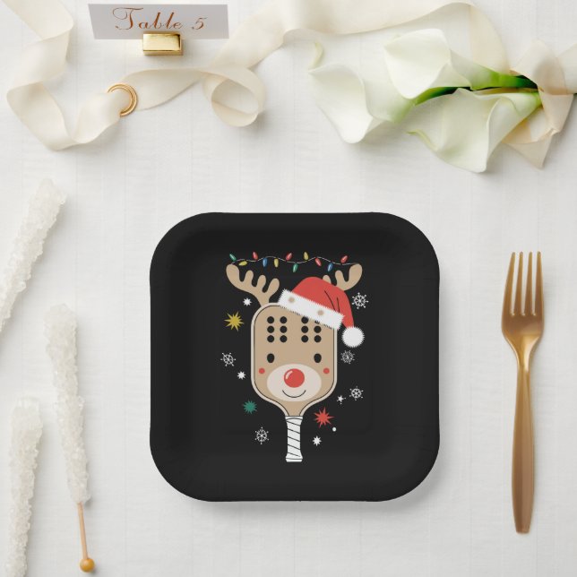 Pickleball Player Christmas Holiday Reindeer Xmas  Paper Plates (Wedding)