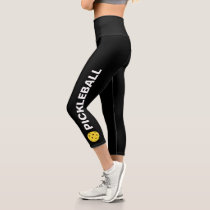 Pickleball Player Custom High Waisted Black Yellow Capri Leggings Pickleball Player Custom High Waisted Black Yellow Capri Leggings