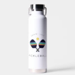 Pickleball Player Gift Peace Love and Pickleball  Water Bottle<br><div class="desc">The perfect pickleball player gift! This high-quality water bottle featuring striped pickleball paddles and the phrase,  "Peace,  Love & Pickleball" will make a statement on the court. In blues,  greens and yellow. Part of a collection from Parcel Studios.</div>