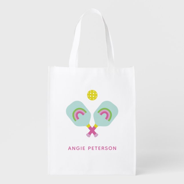 Pickleball Player Gift Rainbow Paddles Custom Grocery Bag (Front)